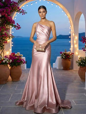 Dusty Pink One Shoulder Evening Dress with Pleat Mermaid Maxi Dress