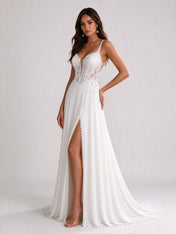 Sweetheart Illusion Lace Corset Chiffon A-Line Wedding Dress with High Slit