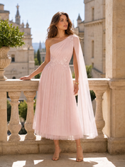 One-Shoulder Blush Pink Tulle Midi Dresses with Floral Lace Appliqué and Cape Sleeve