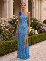One-Shoulder Beaded Geometric Sequin Column Prom Dress with High Slit