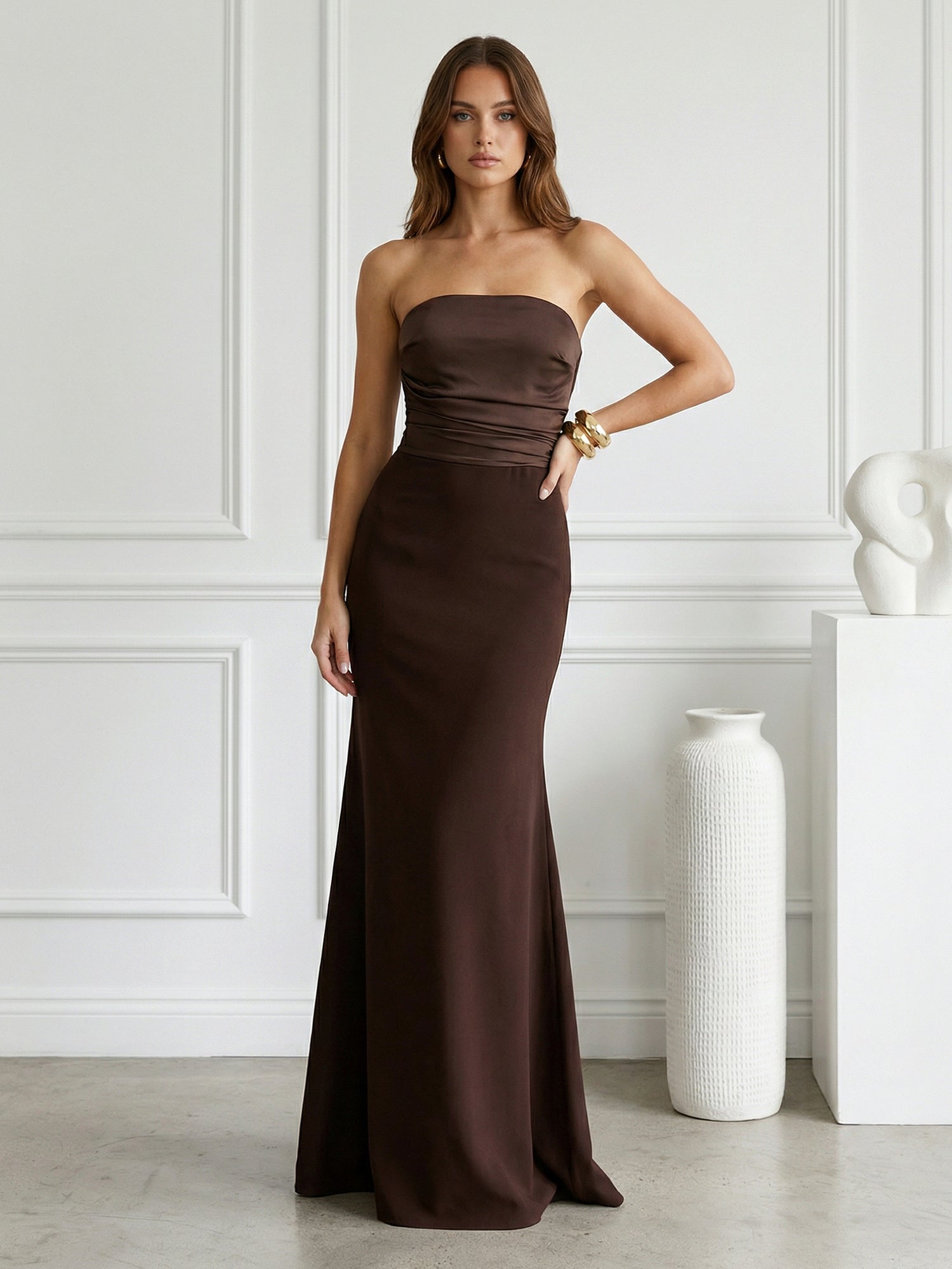 Brown Strapless Satin Mermaid Maxi Dress with Bow