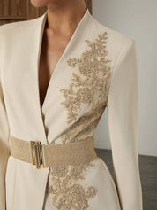 Women Apricot Applique Embroidery Deep V Neck Long Sleeve Dressy Coat With Pants Two-Piece Set
