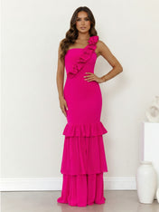 Fuchsia One Shoulder Mermaid Tiered Maxi Dress with 3D Flower