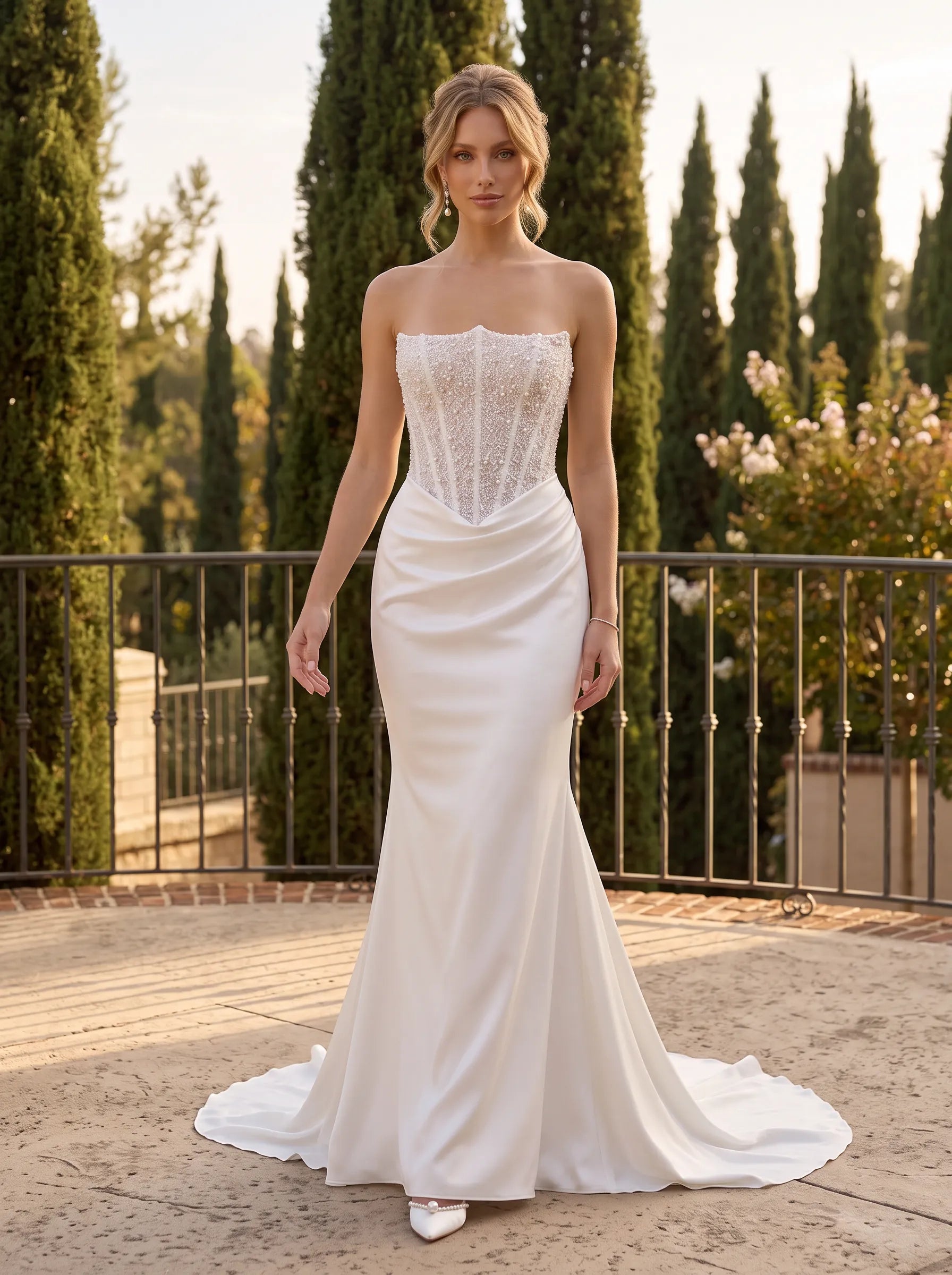 Strapless Beaded Corset Satin Mermaid Wedding Dress