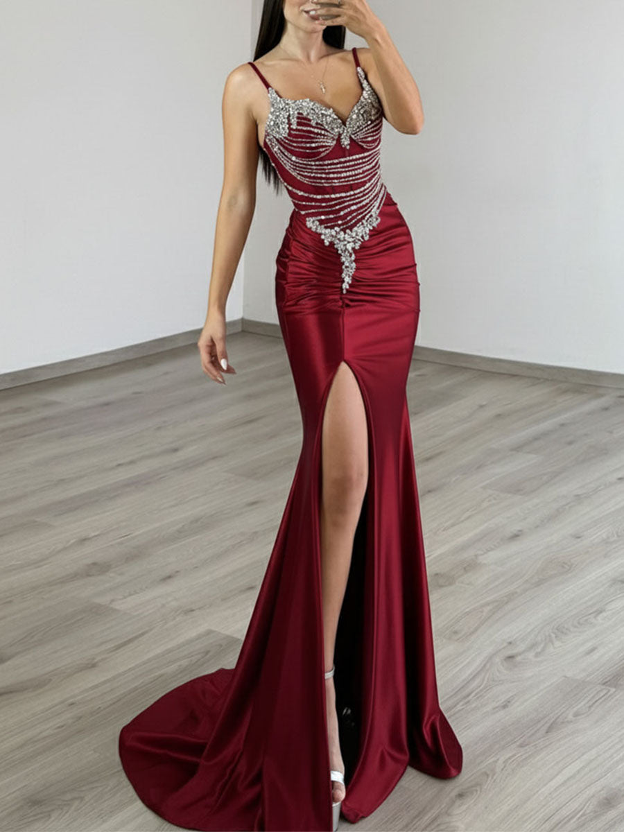Gold Liquid Beaded Bodice Satin Prom Dress with Slit