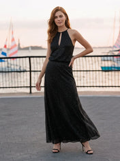 Black Halter Neck Keyhole Shimmer Long Evening Dress