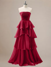 Red A Line Strapless Pleated Tiered Floor Length Ruffle Bridesmaid Dress