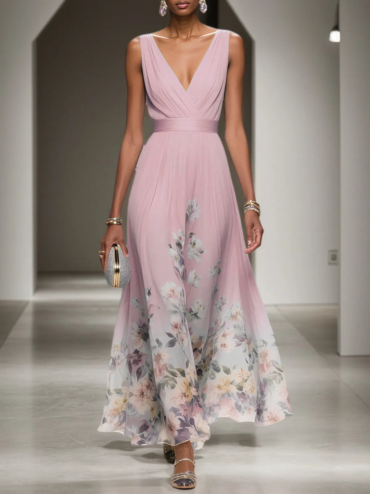 Pink Floral Chiffon V Neck Sleeveless A-Line Maxi Dress