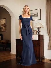 Navy Square Neck Long Mother of the Bride Dress with Bowknot