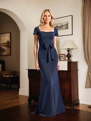 Navy Square Neck Long Mother of the Bride Dress with Bowknot
