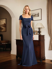 Navy Square Neck Long Mother of the Bride Dress with Bowknot