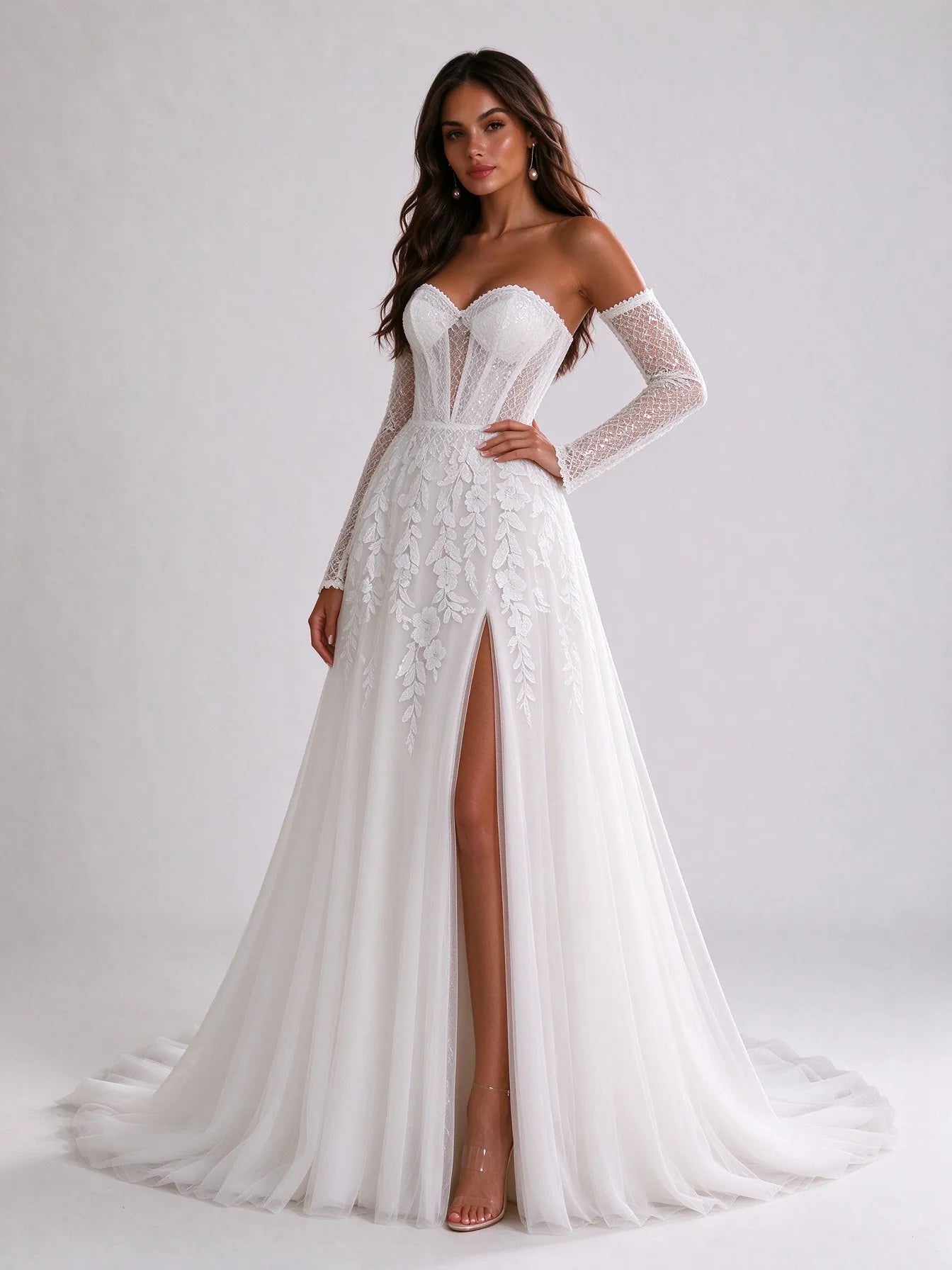 Off-the-Shoulder Sweetheart Lace Corset Tulle A-Line Wedding Dress with High Slit and Detachable Sleeves
