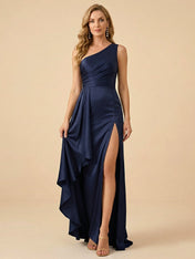 Navy Blue One-Shoulder with Ruched Bodice and High Slit