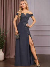 A-line Off the Shoulder Floor-Length Lace Chiffon Evening Dress With Sequins