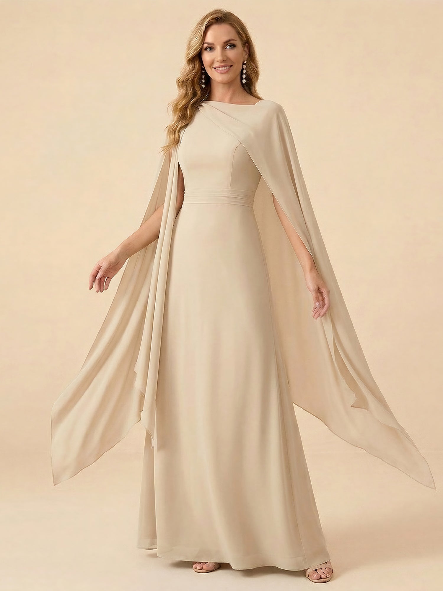 Cape Sleeve V-Back Chiffon A-Line Mother of the Bride Dress Maxi Dress