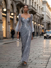 Glamorous Slate Gray Sequin Puff Sleeve Maxi Dress Gown