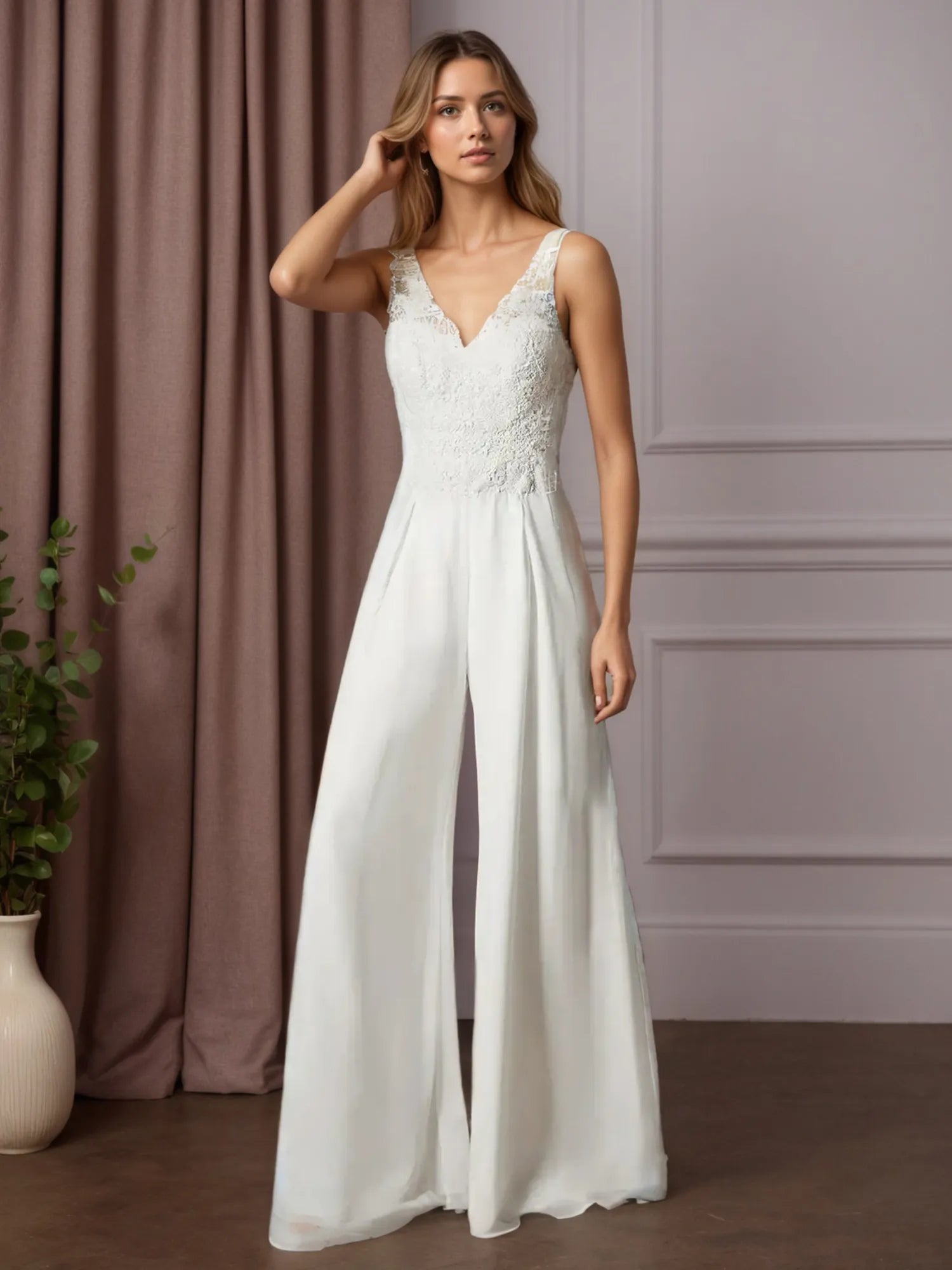 White Pant Styles V-Neck Lace Chiffon Wedding Dress