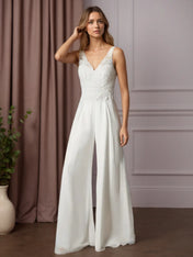 White Pant Styles V-Neck Lace Chiffon Wedding Dress