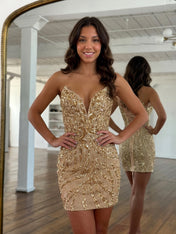 Champagne Gold Art Deco Sequin Short Homecoming Dresses