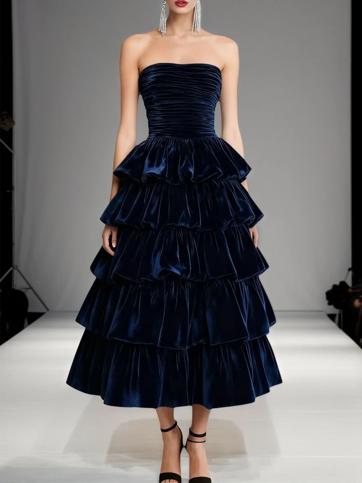 Evening Formal Dress Navy Off The Shoulder Velvet Maxi Dress With Ruffles
