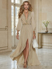 Elegant Beige Chiffon V-neck With Rhinestone Embellishments And A Side Slit Maxi Dress
