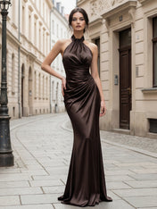 Brown Halter High Neck Ruched Satin Gown Mermaid Evening Dress