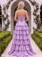 Halter Sweetheart Pearl Beaded Tiered Tulle Prom Dress