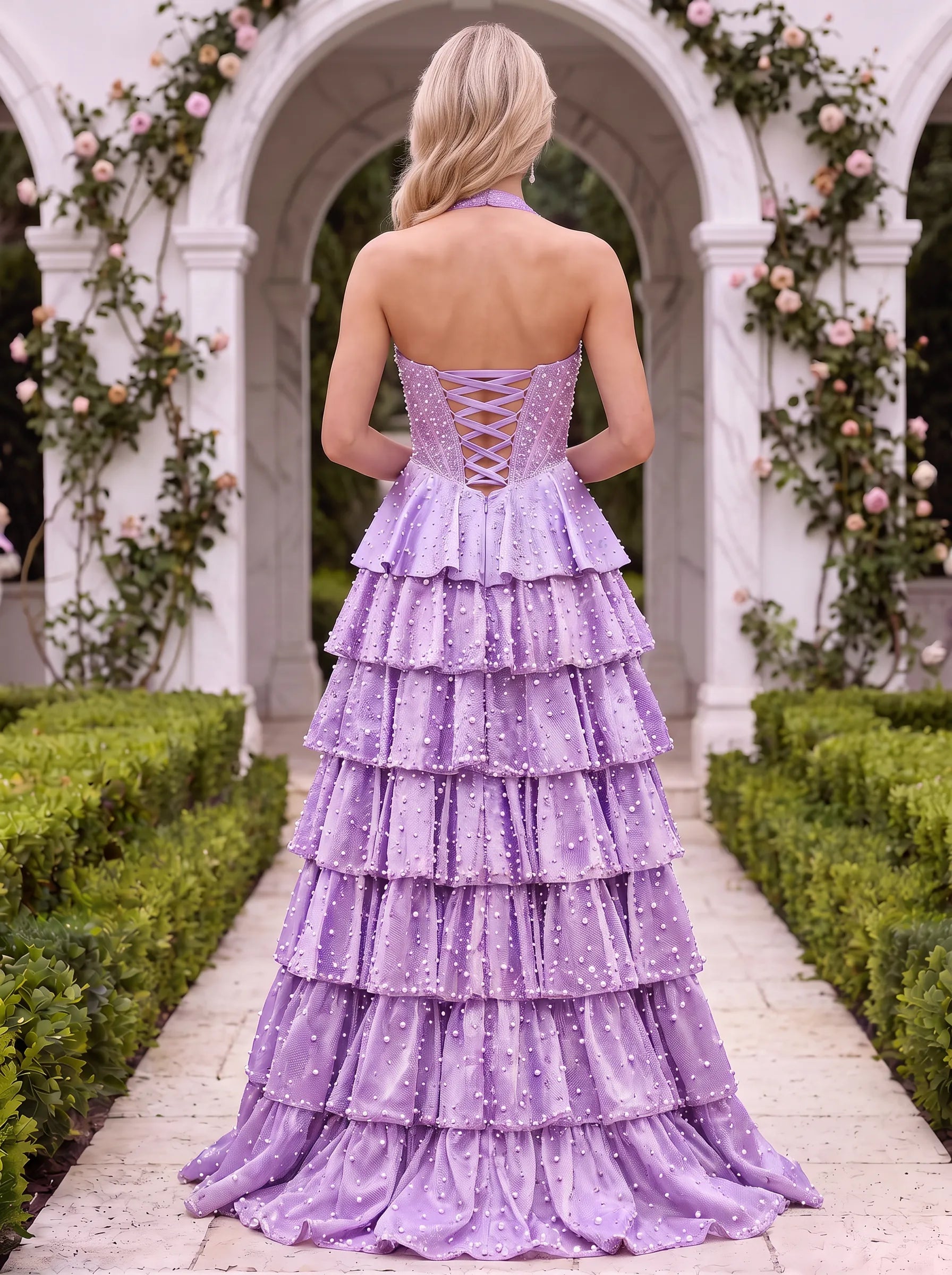 Halter Sweetheart Pearl Beaded Tiered Tulle Prom Dress