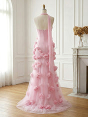 Pink Strapless 3D Rosette Long Prom Dress with Slit