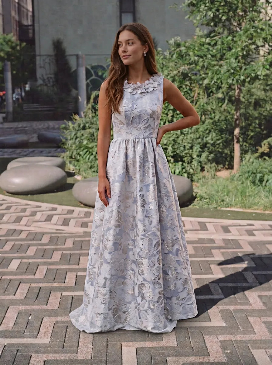 Round-Neck 3D Floral Applique Blue Metallic Brocade A-Line Evening Dress