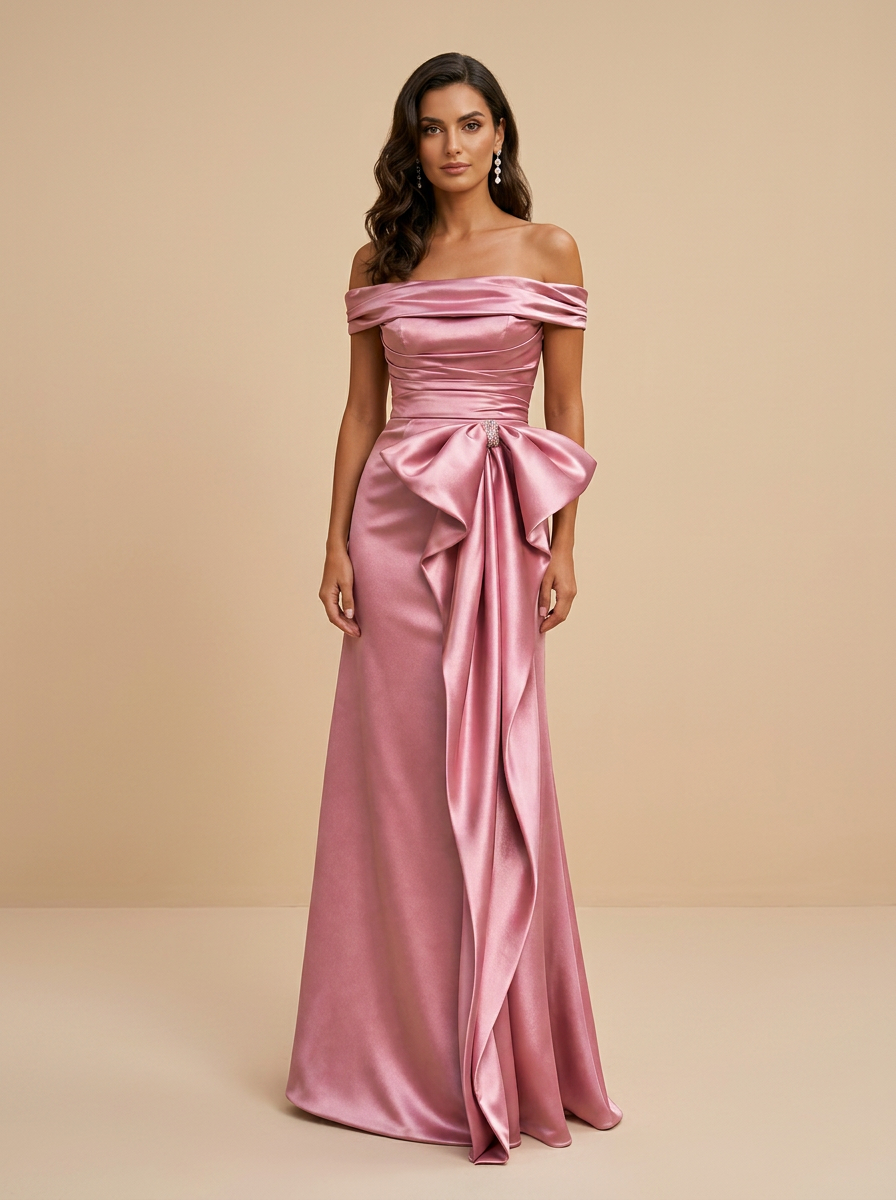 Satin Sheath Off-the-Shoulder Floor-Length Evening Dresses with Statement Bow