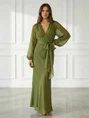 Green Long Sleeves Mermaid Chiffon Maxi Dress with Belt