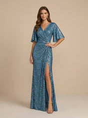 Sequin Sheath V-Neck Floor-Length Evening Dresses with Flutter Sleeves