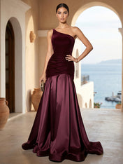 One Shoulder Mermaid Velvet Pleat Evening Dresses for Women