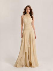 Halter High-Neck Floor-Length Chiffon Evening Dresses with Ruched Waist and Cascading Panels