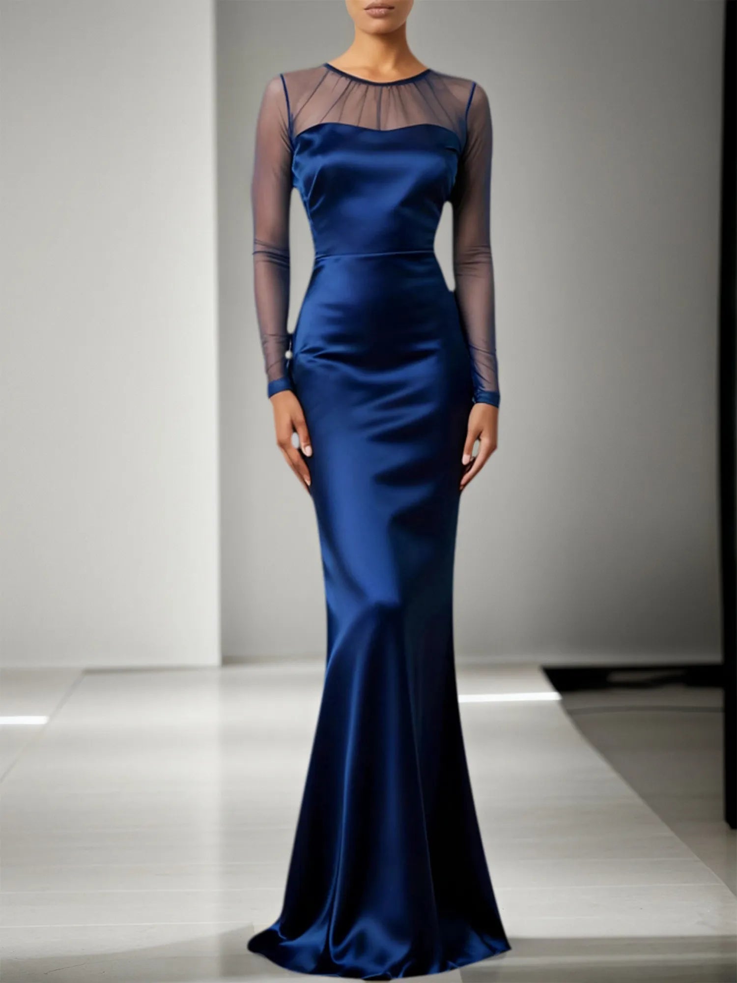 Navy Formal Dress Mermaid Sheer Sleeve Satin Maxi Dress