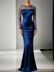 Navy Formal Dress Mermaid Sheer Sleeve Satin Maxi Dress