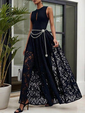 Midnight Black Lace Hollow Out Crew Neck Sleeveless A-Line Maxi Dress