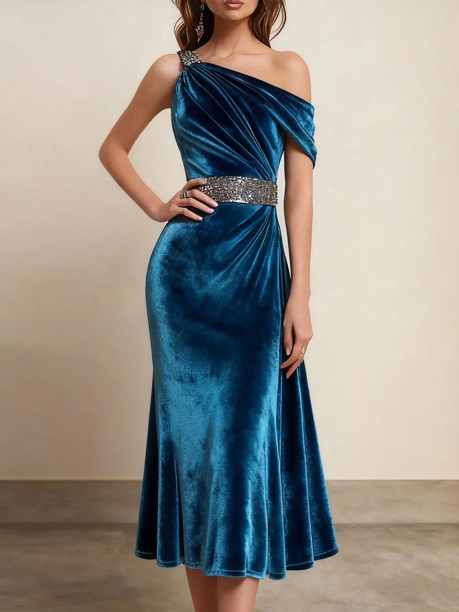 Formal Dress Blue Sheath One Shoulder Belted Velvet Midi Dress