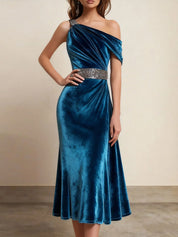 Formal Dress Blue Sheath One Shoulder Belted Velvet Midi Dress