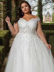 Off the Shoulder White Ball-Gown Applique Wedding Dress