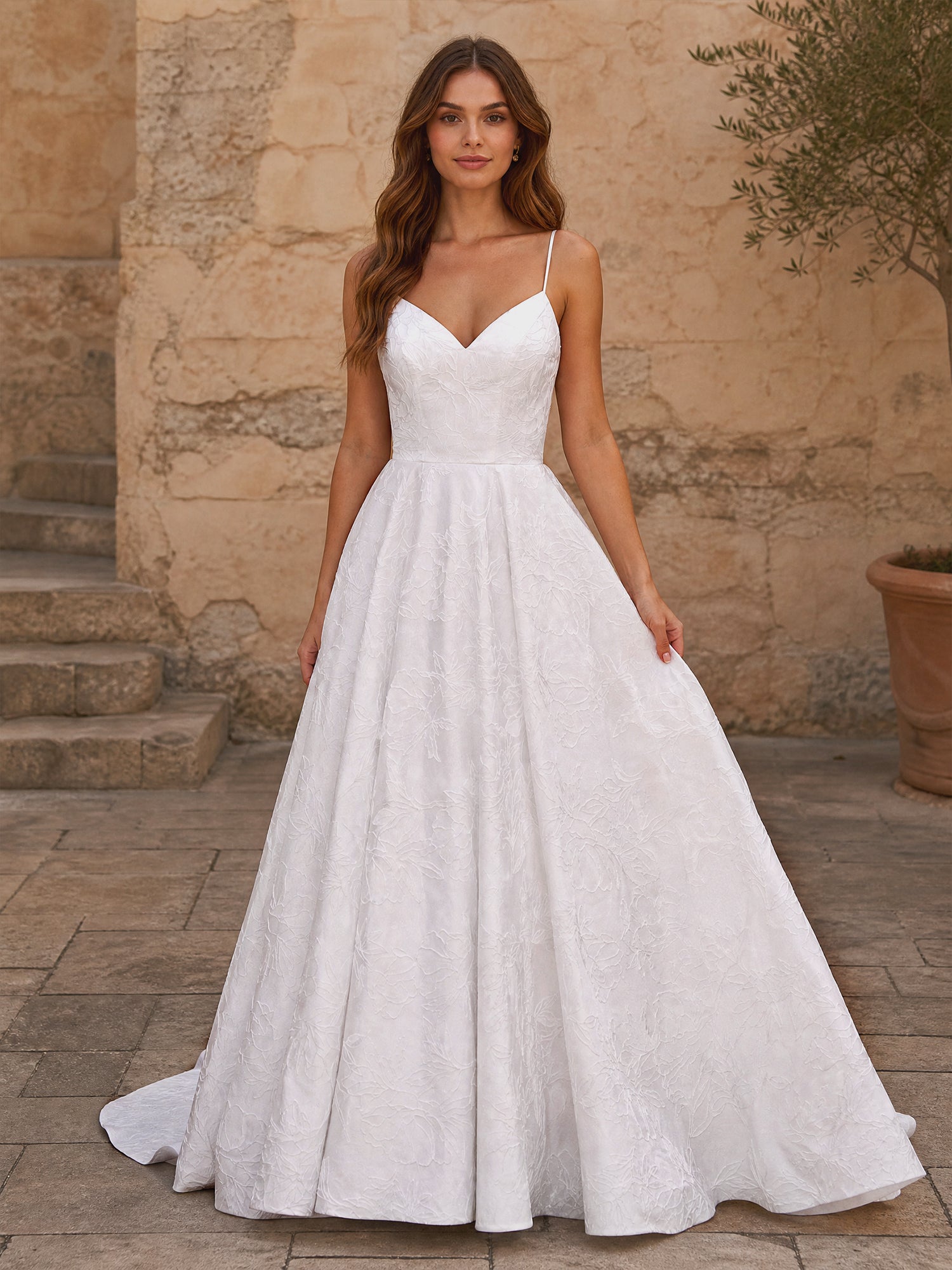 Elegant Floral Lace A-Line Wedding Dress with Spaghetti Straps & Sweep Train