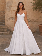 Elegant Floral Lace A-Line Wedding Dress with Spaghetti Straps & Sweep Train