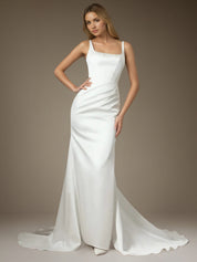 White Mermaid Square Neckline Double Faced Satin Wedding  Dress