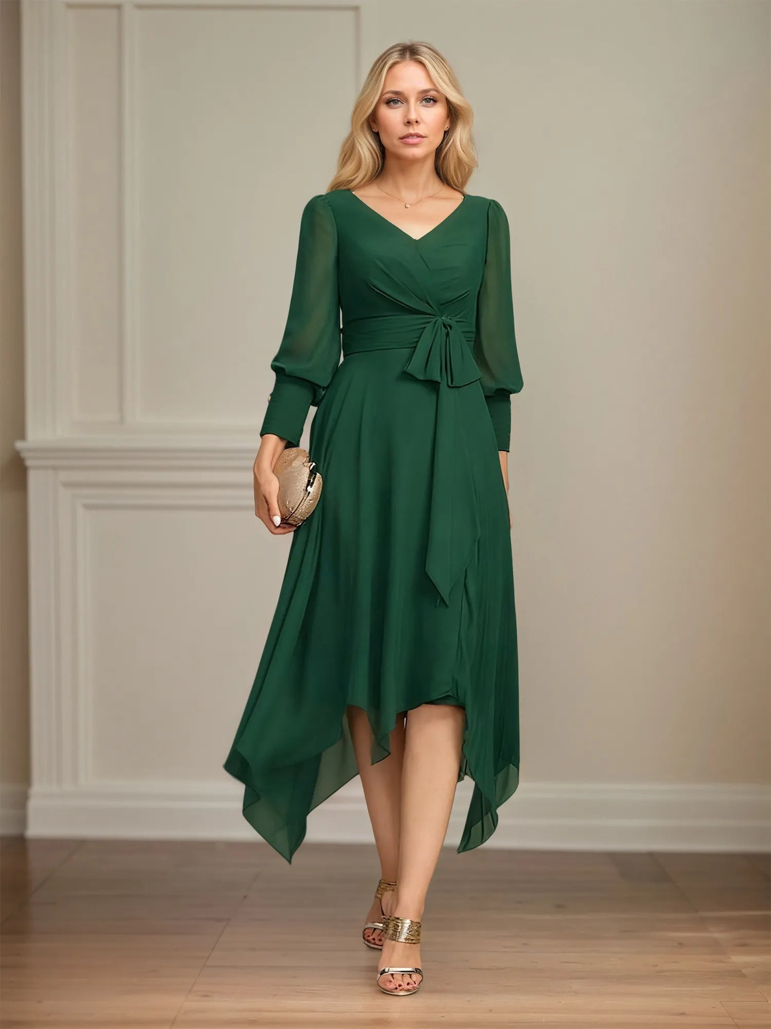 A-line V-Neck Asymmetrical Chiffon Mother of the Bride Dress With Bow Pleated