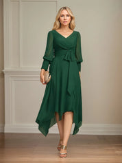 A-line V-Neck Asymmetrical Chiffon Mother of the Bride Dress With Bow Pleated