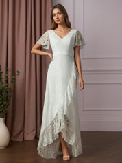 White A-Line V-Neck Lace Wedding Dress