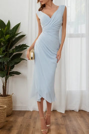 Semi-Formal Party Dress Light Blue Chiffon Cross-Over Sleeveless Midi Dress