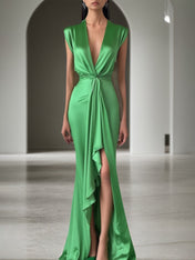 Party Satin Dress Green Deep V Sleeveless Draped Maxi Gown