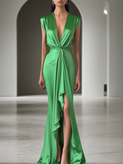 Party Satin Dress Green Deep V Sleeveless Draped Maxi Gown